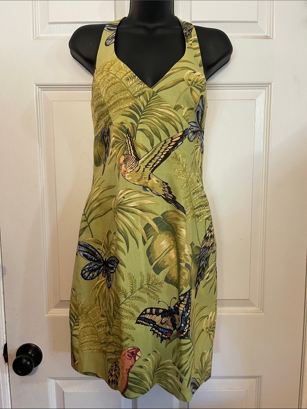 Y2K Muse Olive Green Tropical Bird & Beaded Butterfly Halter Mini Dress